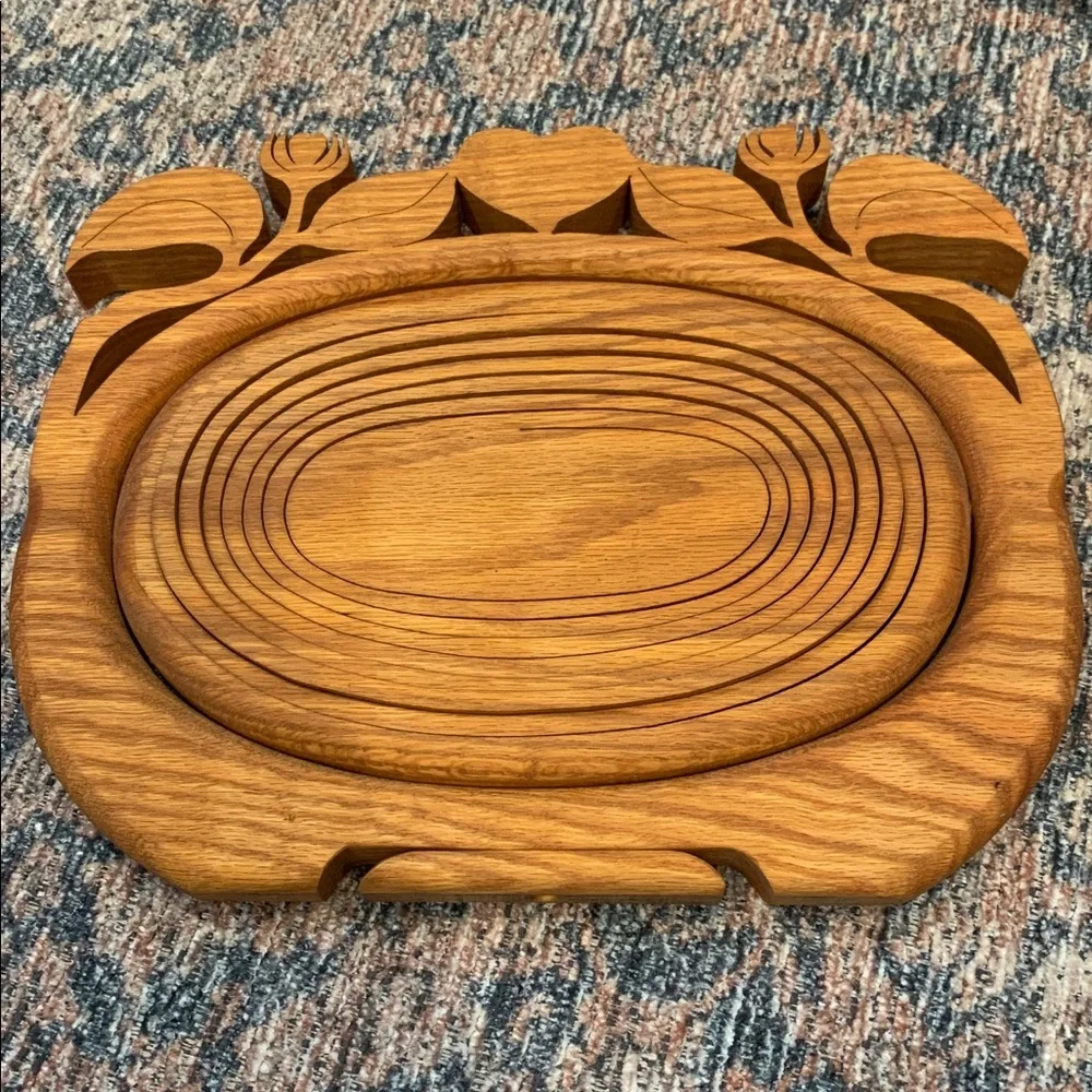 Vintage Hand carved Wooden Folding Basket with Floral Design